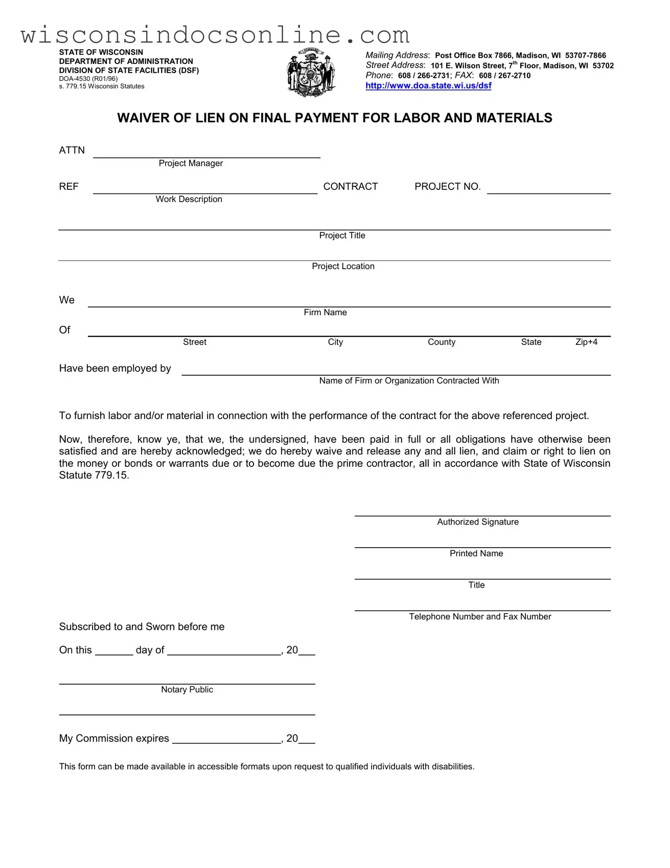 Blank Lien Waiver Wisconsin Form