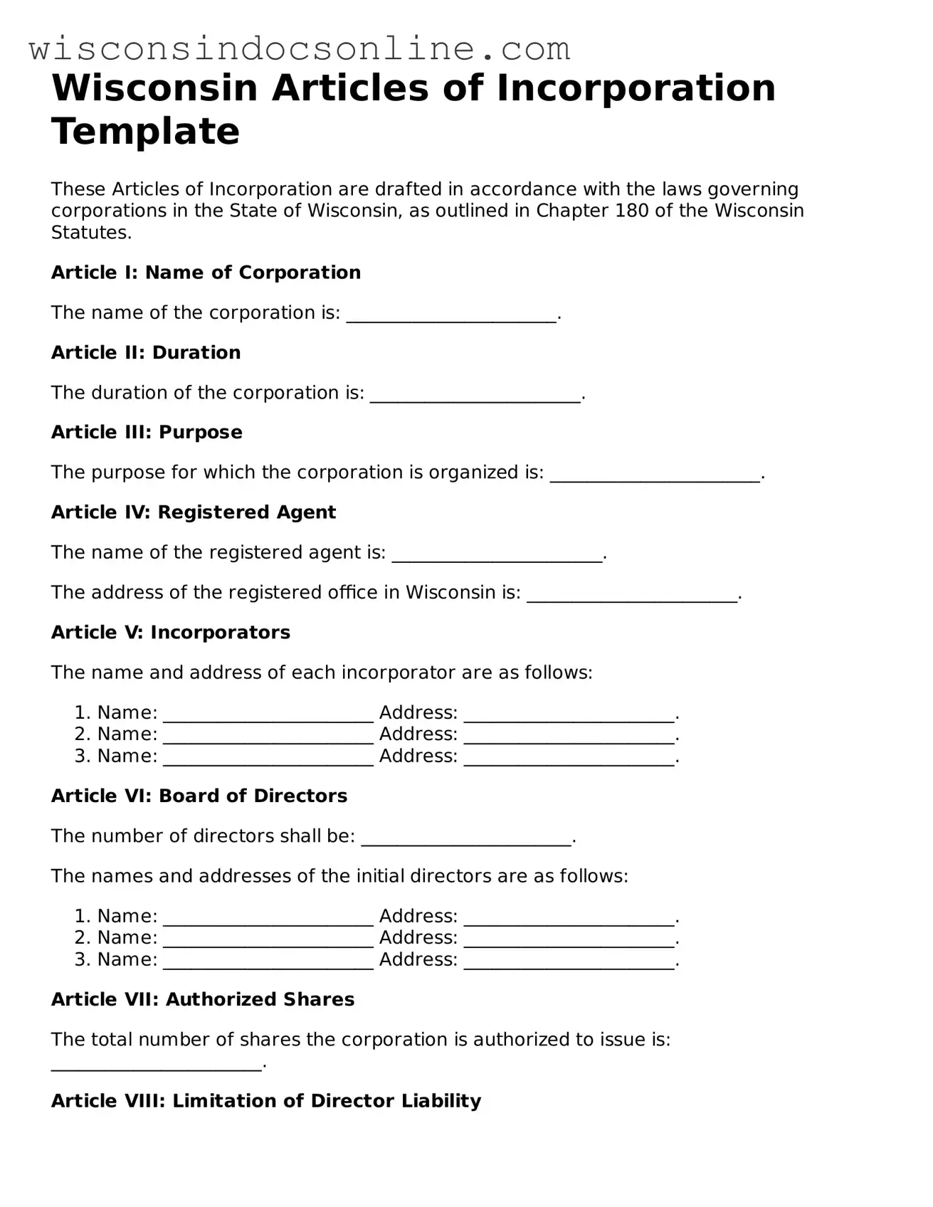 Attorney-Approved Wisconsin Articles of Incorporation Template