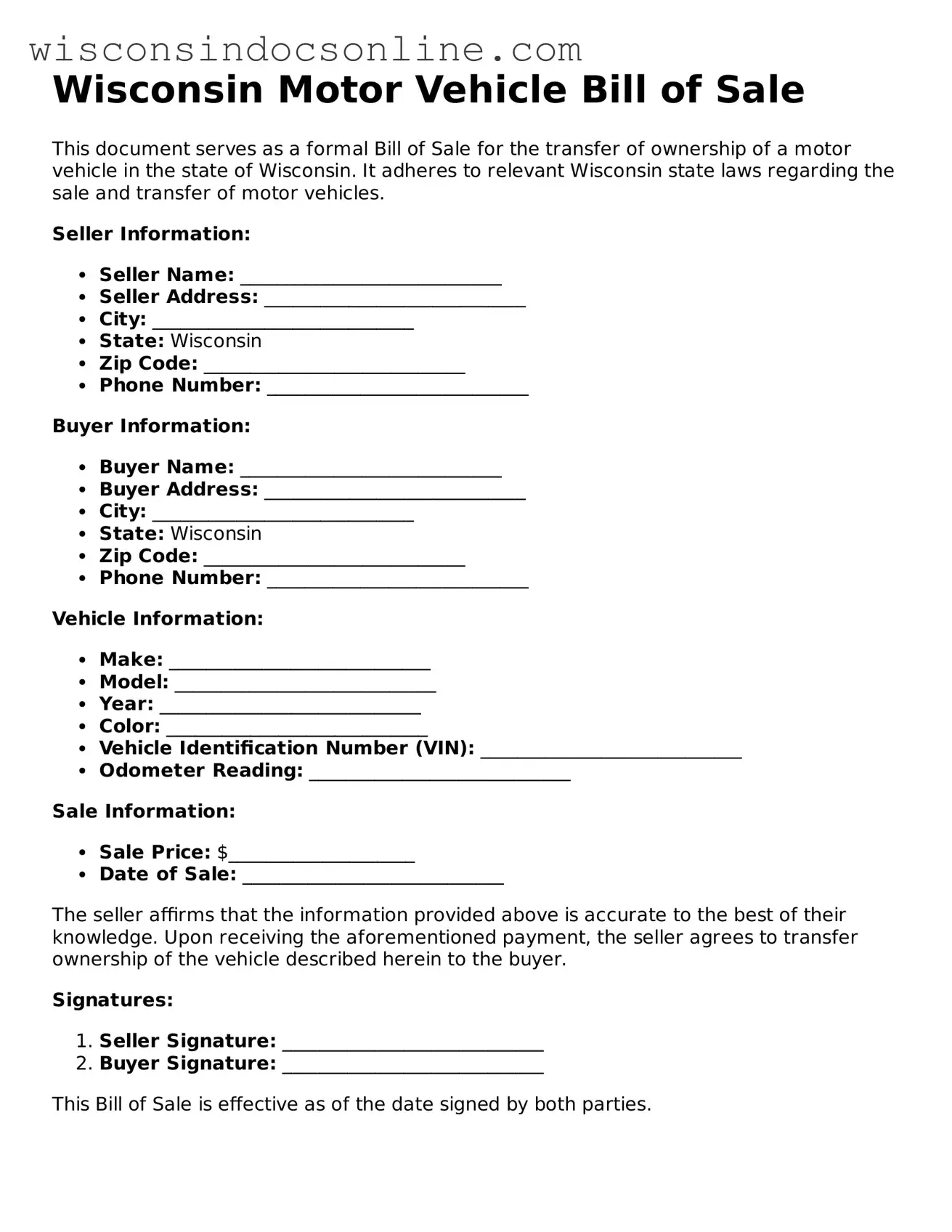 Attorney-Approved Wisconsin Motor Vehicle Bill of Sale Template