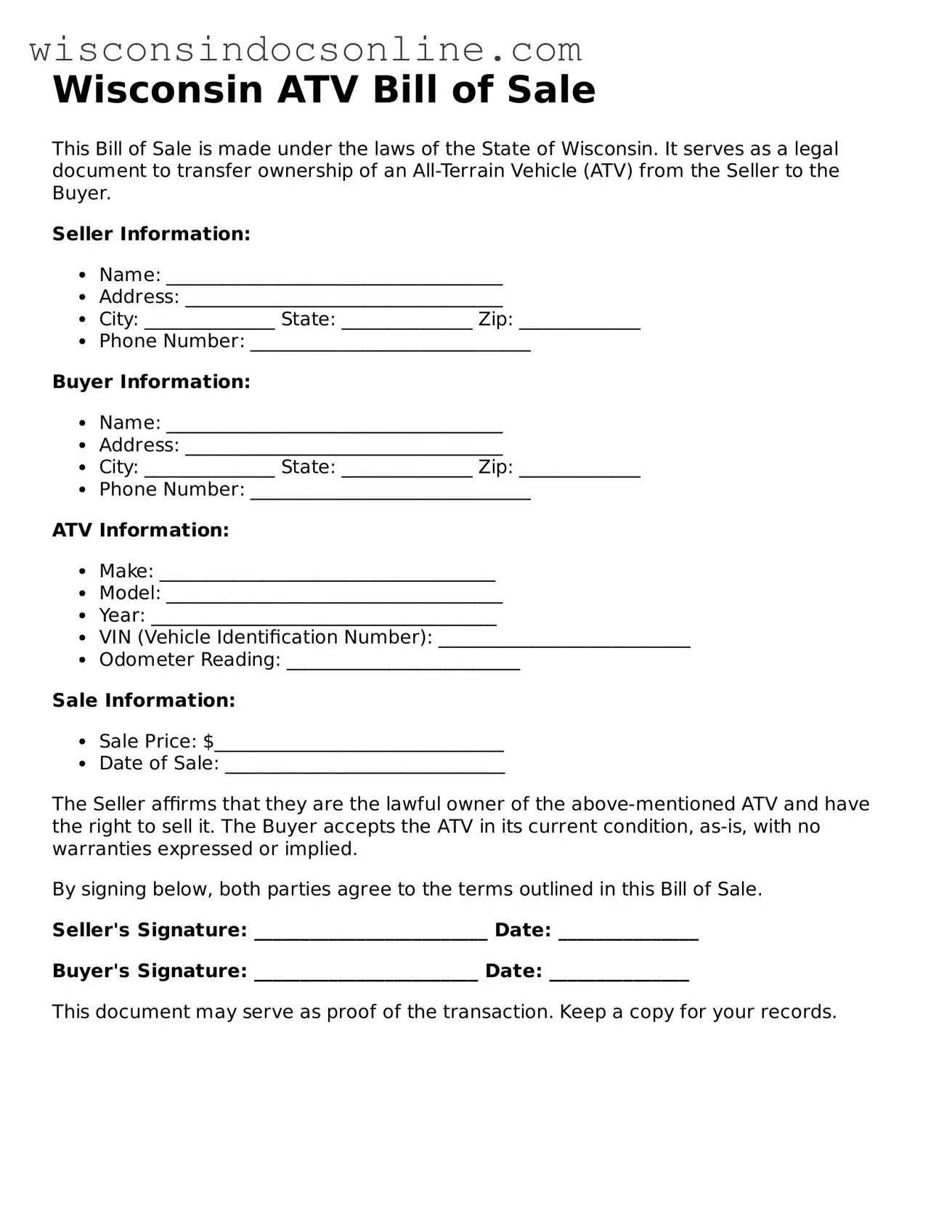 Attorney-Approved Wisconsin ATV Bill of Sale Template