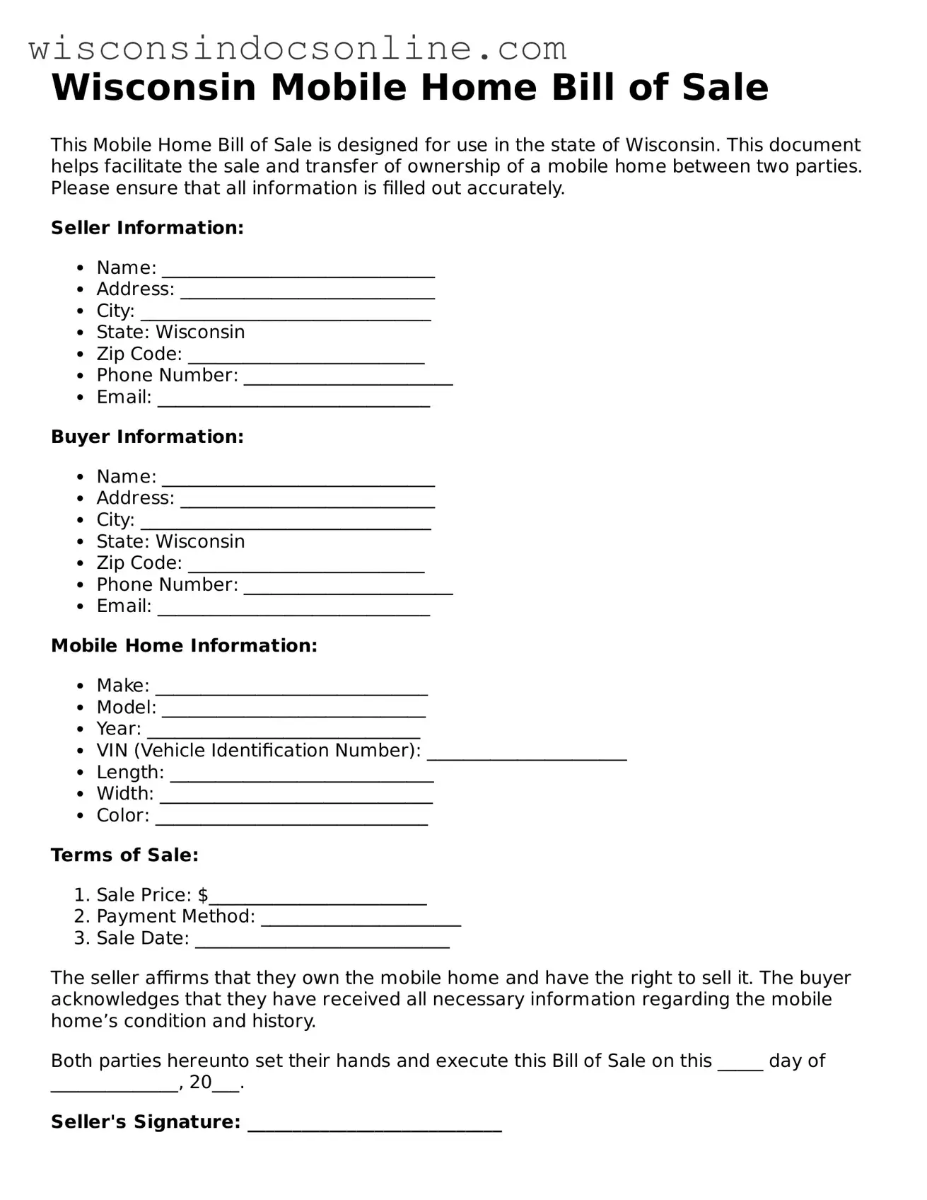 Attorney-Approved Wisconsin Mobile Home Bill of Sale Template