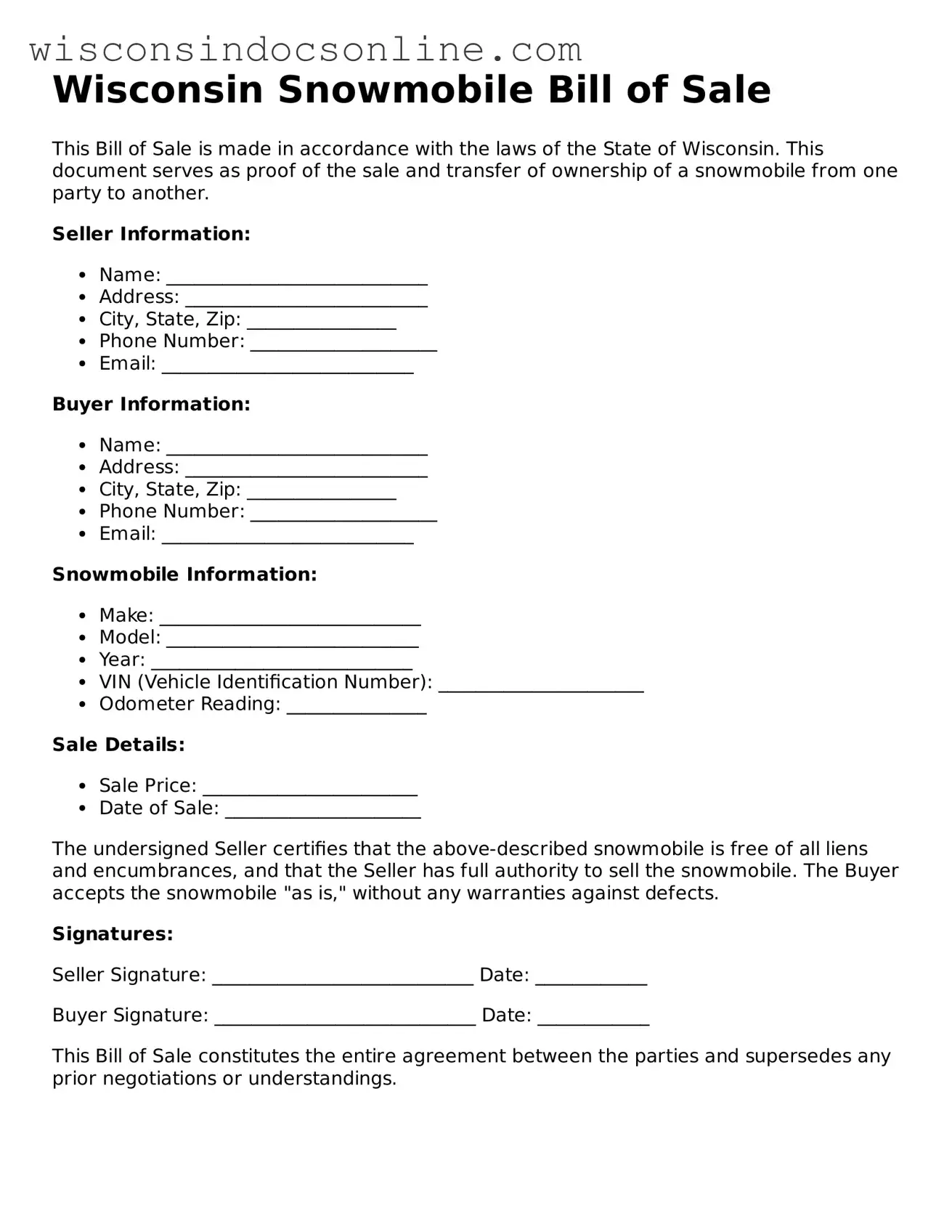Attorney-Approved Wisconsin Snowmobile Bill of Sale Template