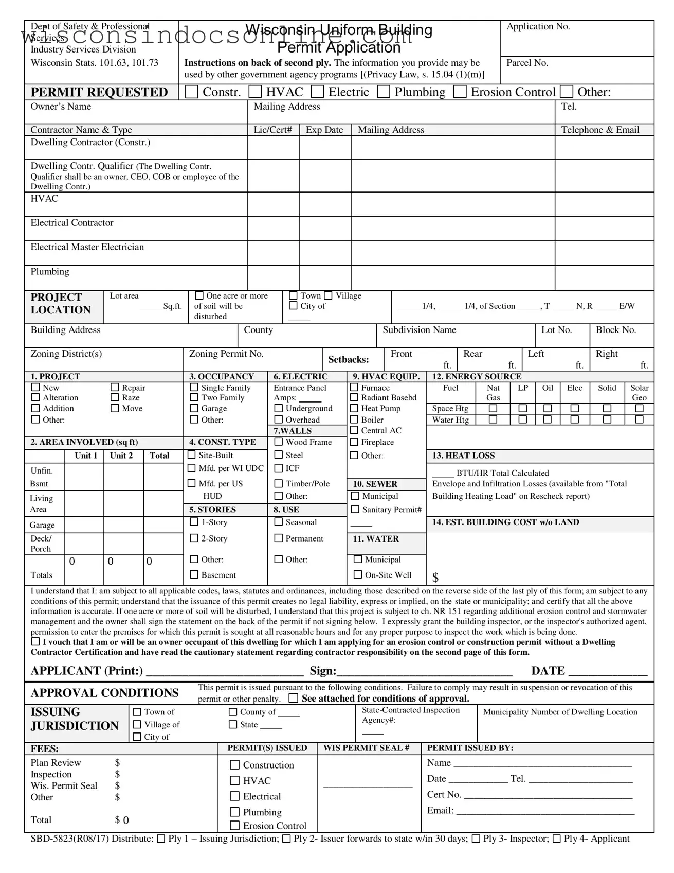 Blank Wisconsin Building Permit Form