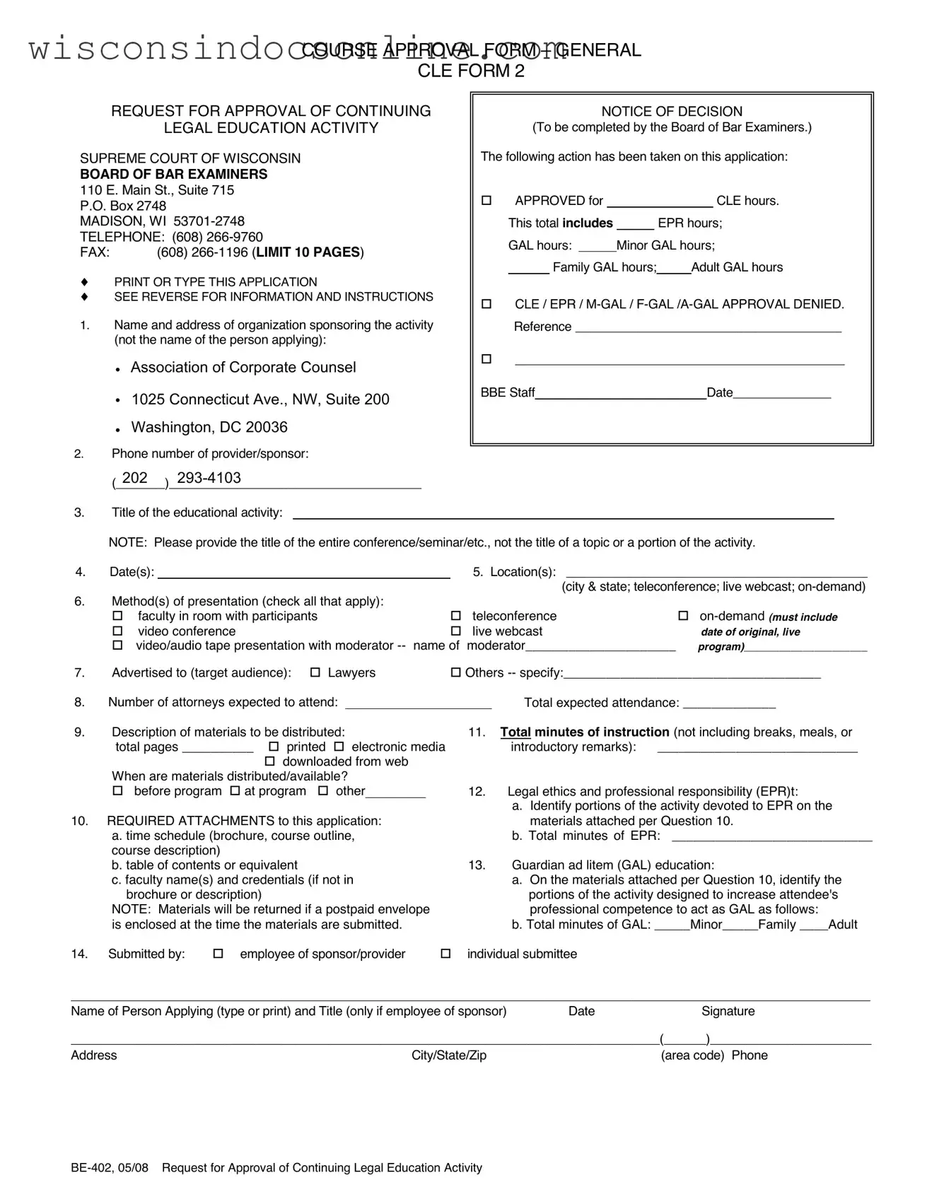 Blank Wisconsin Cle 2 Form