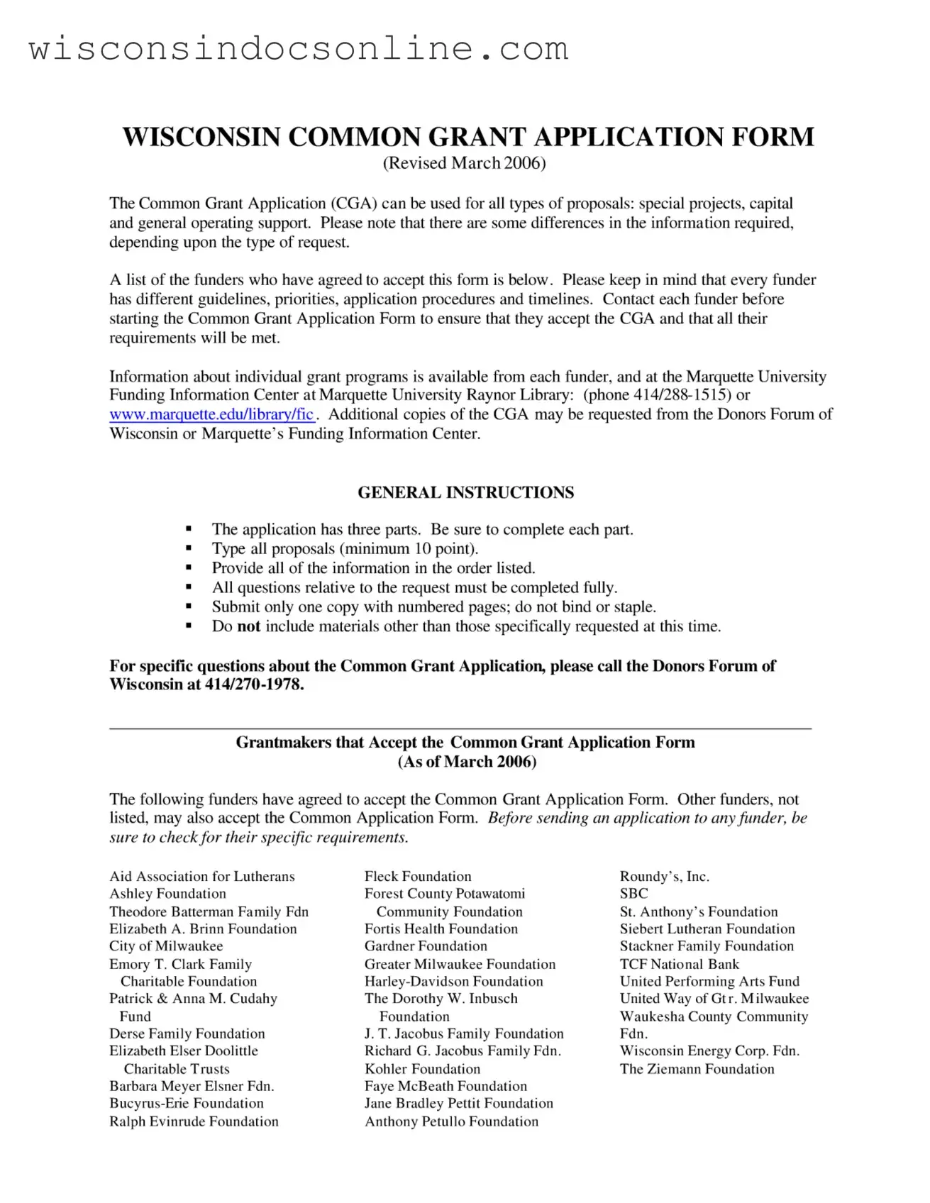 Blank Wisconsin Common Grant Application Form