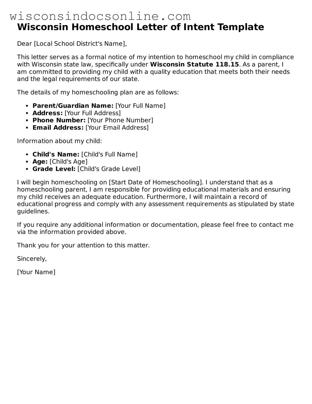 Attorney-Approved Wisconsin Homeschool Letter of Intent Template