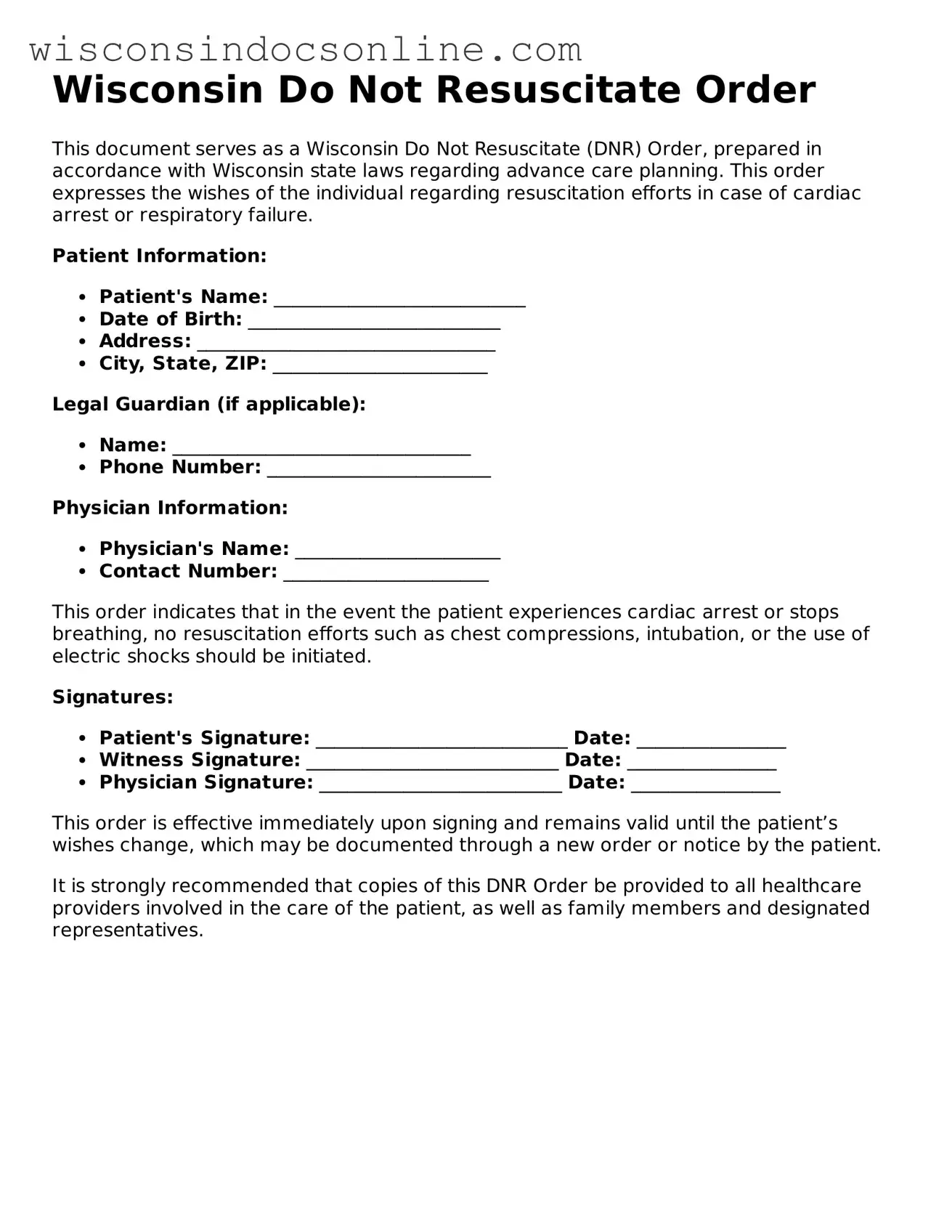 Attorney-Approved Wisconsin Do Not Resuscitate Order Template