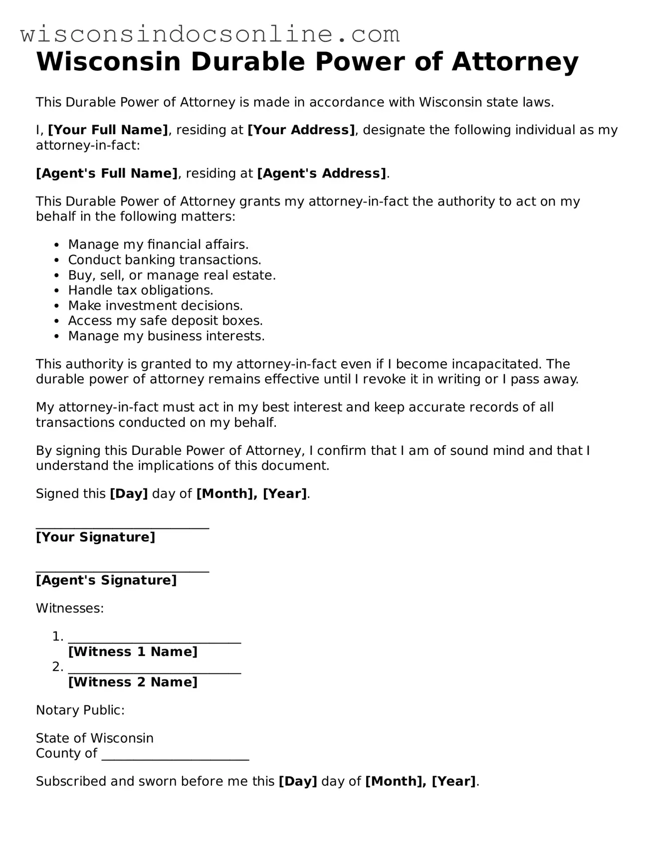 Attorney-Approved Wisconsin Durable Power of Attorney Template