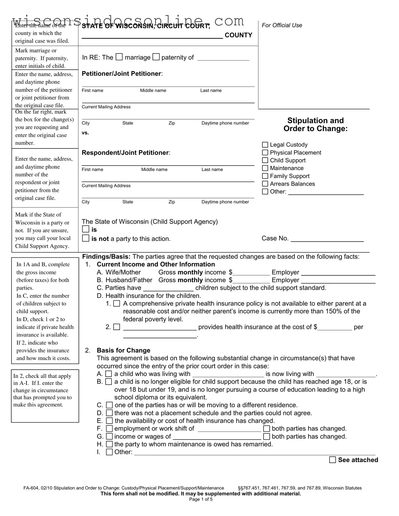 Blank Wisconsin Fa 604 Form