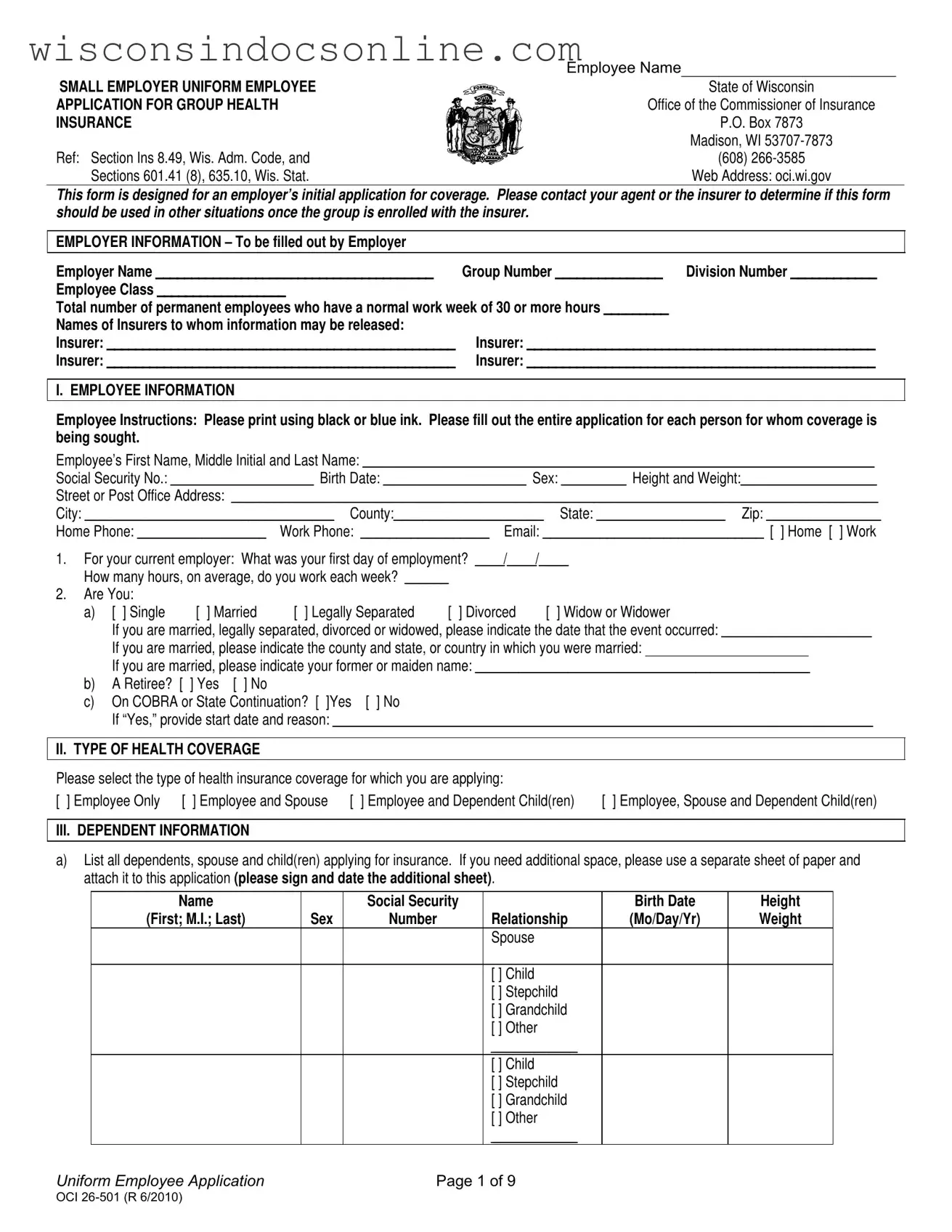 Blank Wisconsin Health Application Form