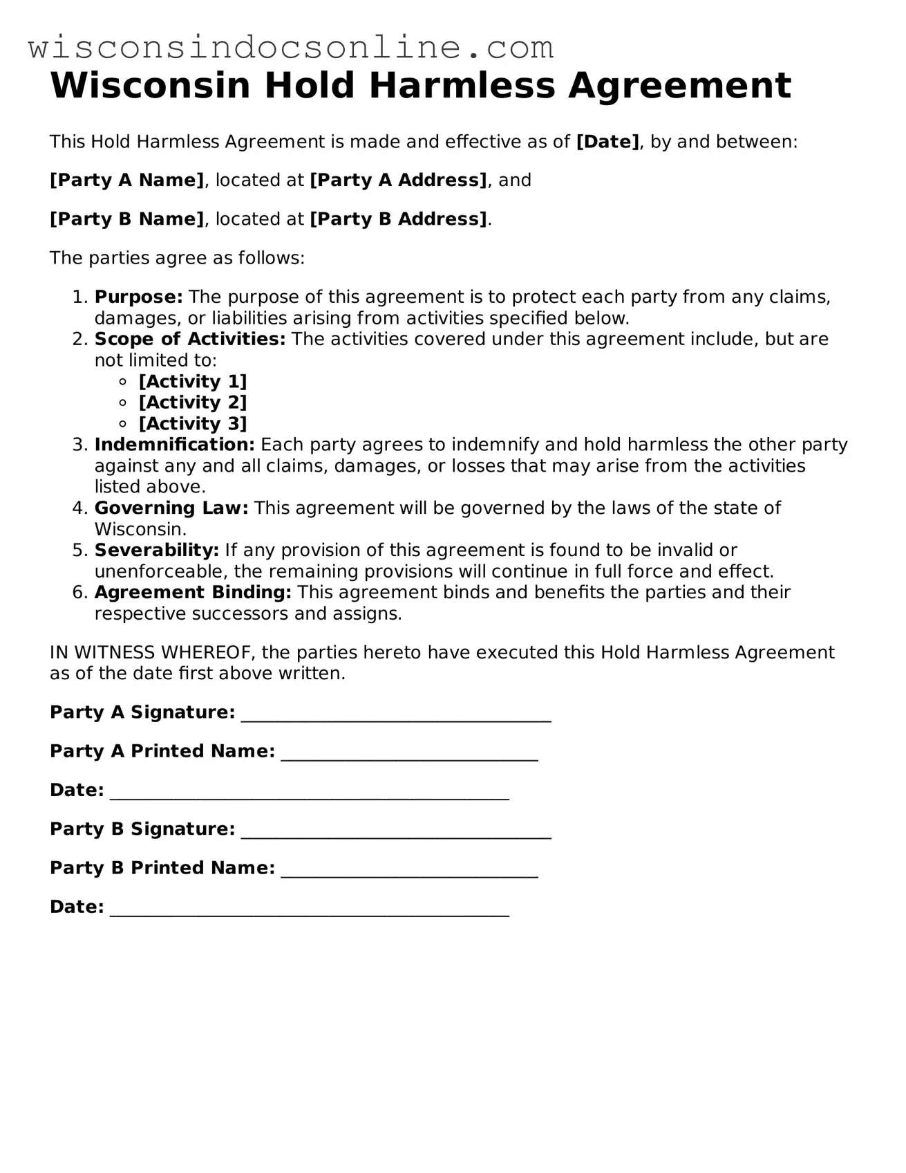 Attorney-Approved Wisconsin Hold Harmless Agreement Template