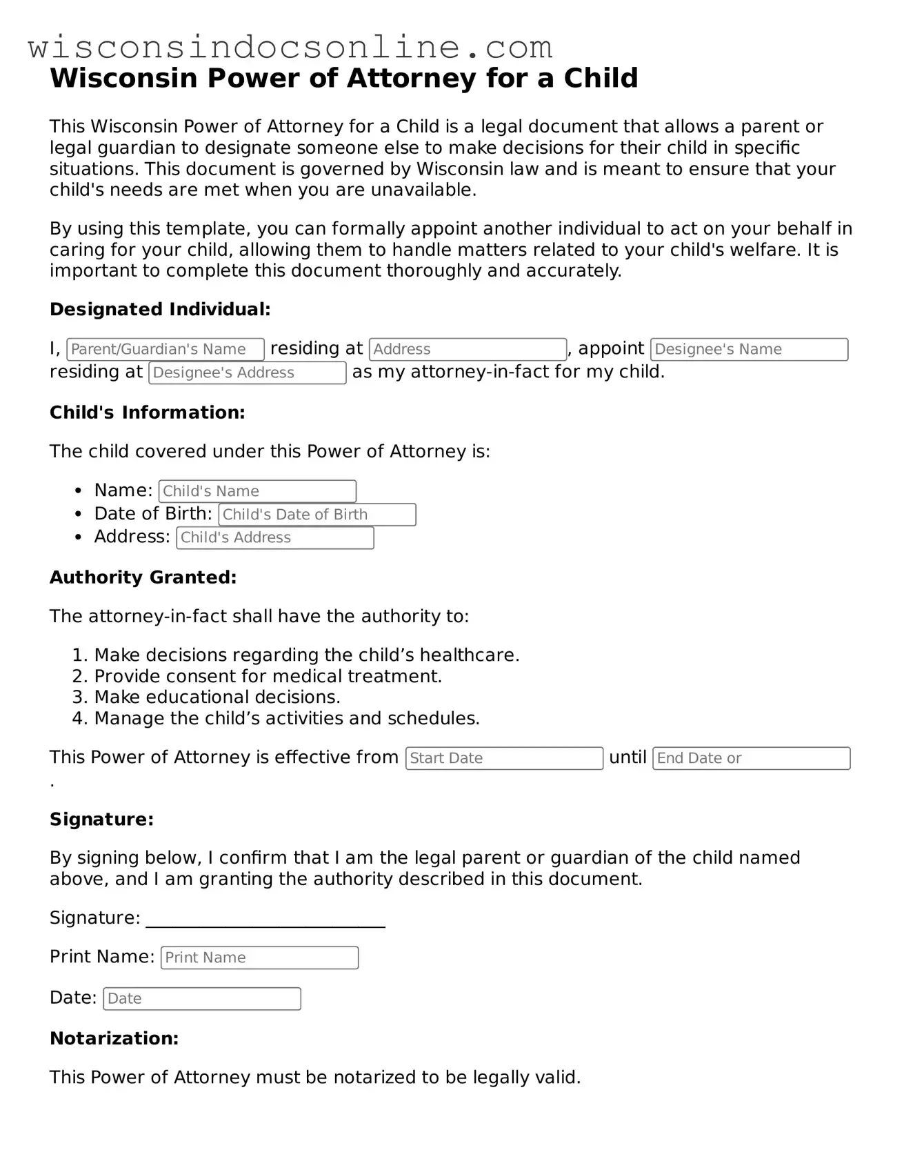 Attorney-Approved Wisconsin Power of Attorney for a Child Template