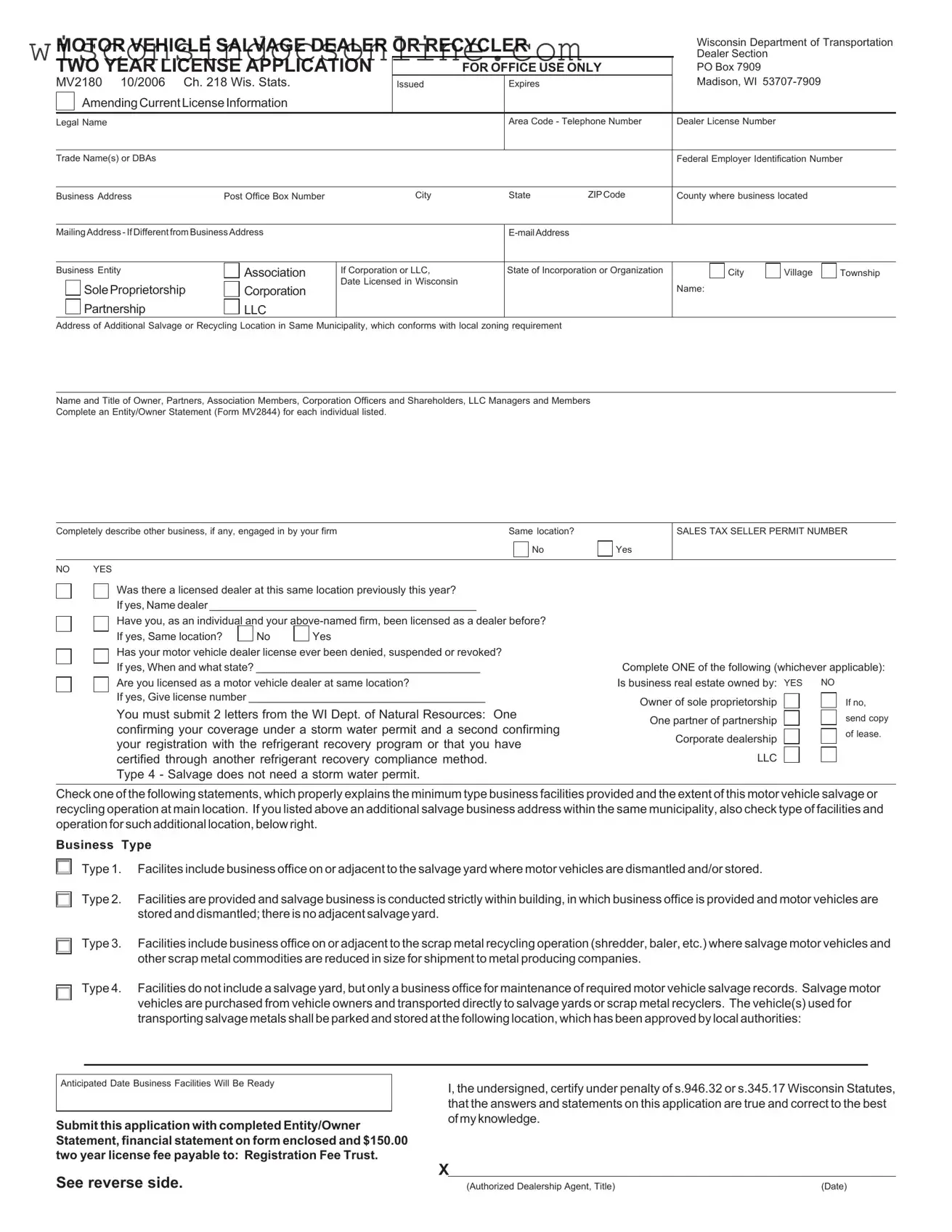 Blank Wisconsin Mv2180 Form