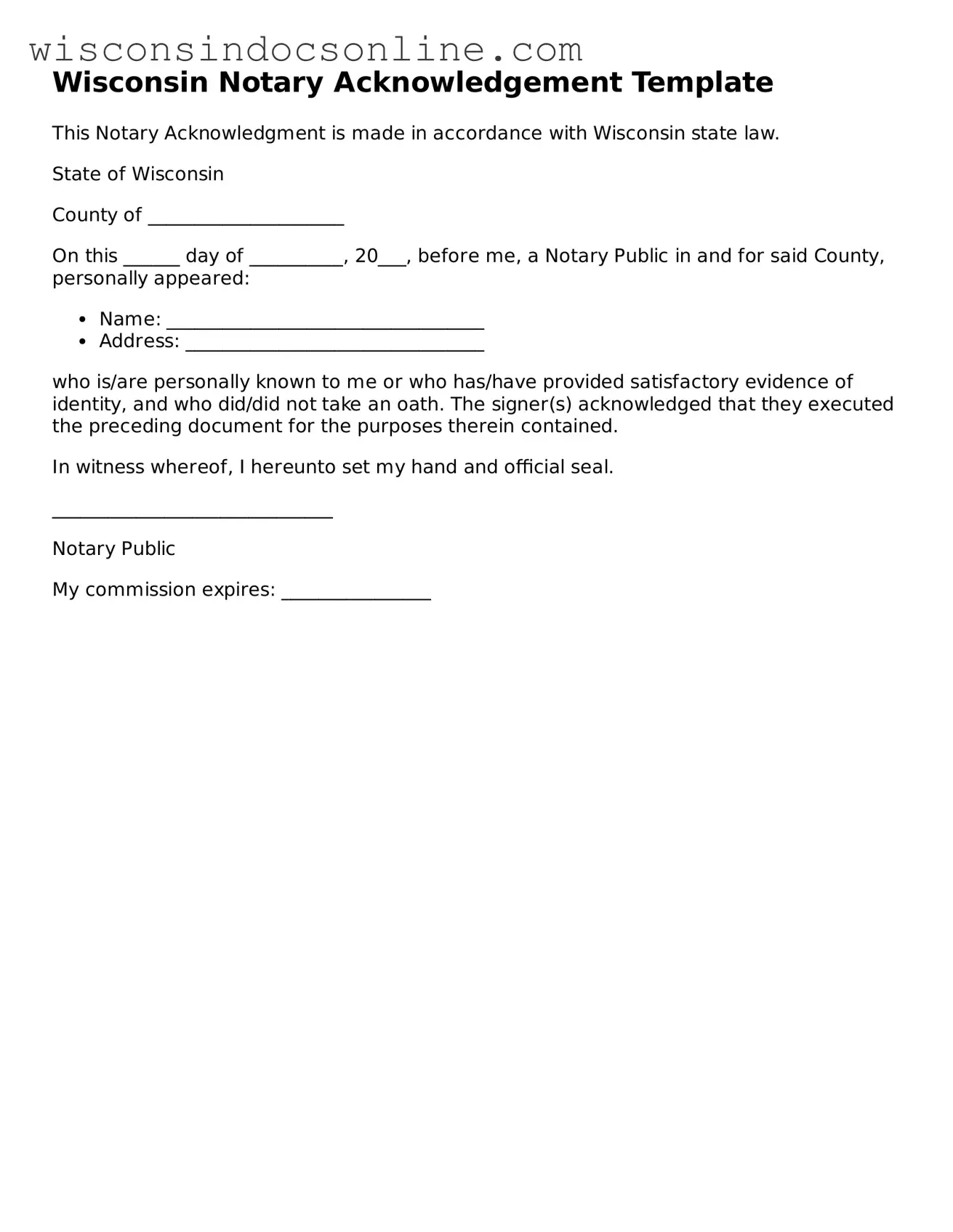 Attorney-Approved Wisconsin Notary Acknowledgement Template
