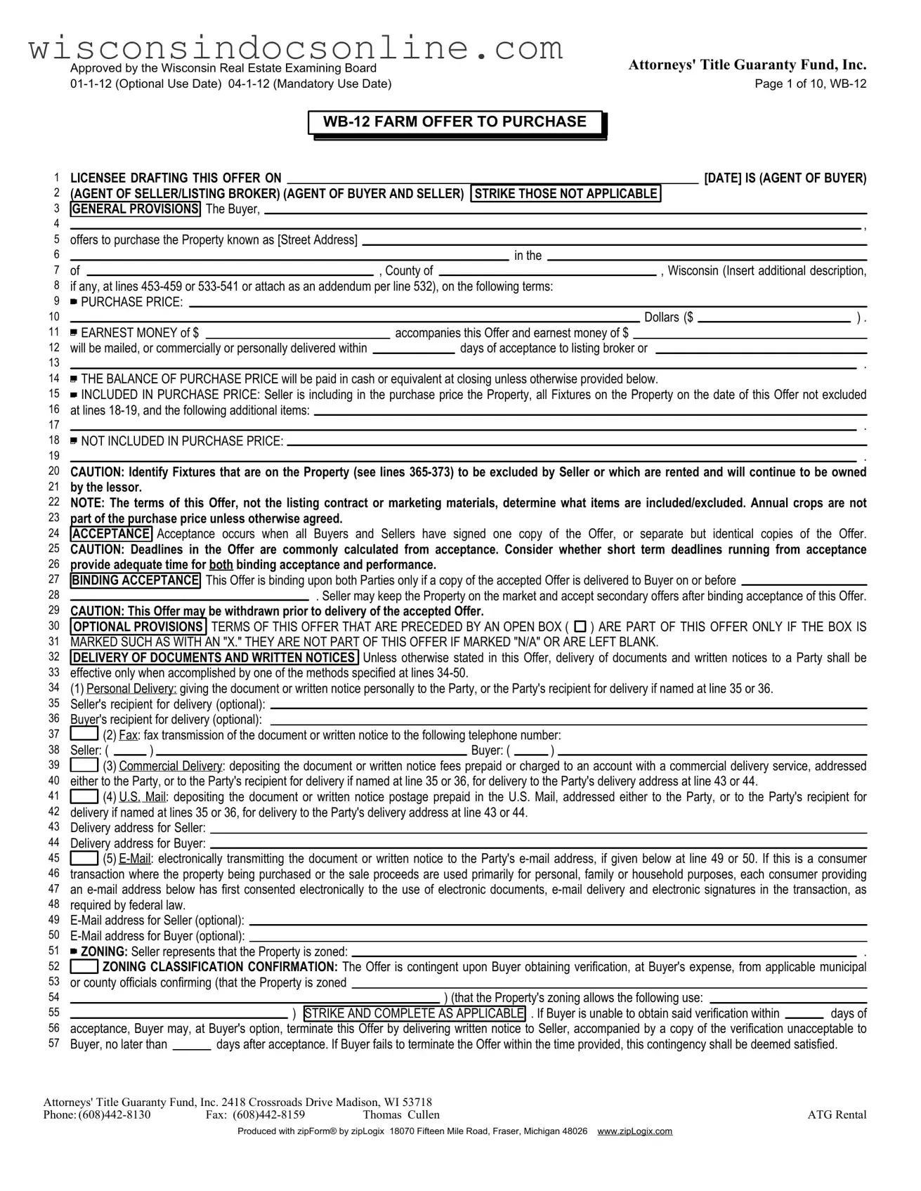 Blank Wisconsin Offer Form