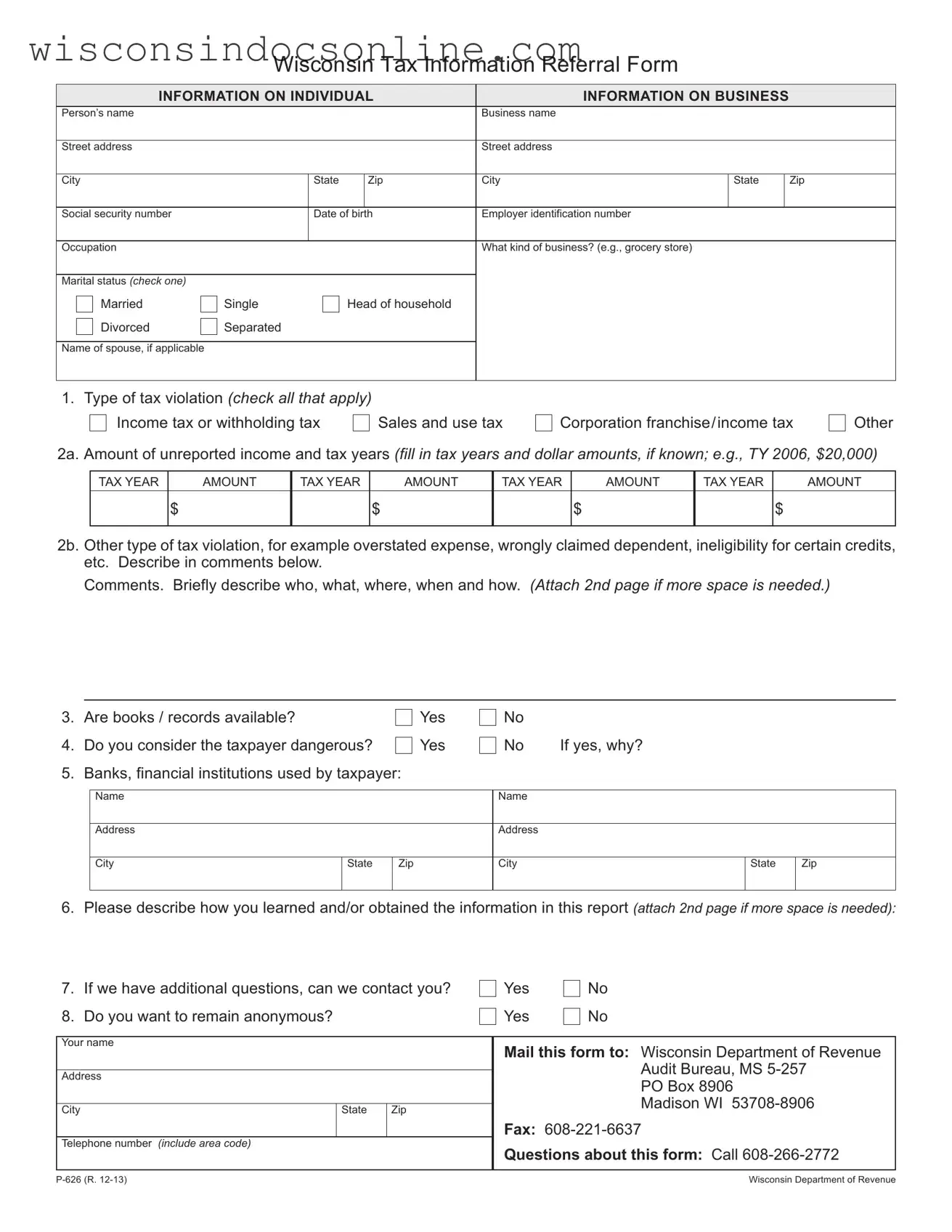 Blank Wisconsin P 626 Form