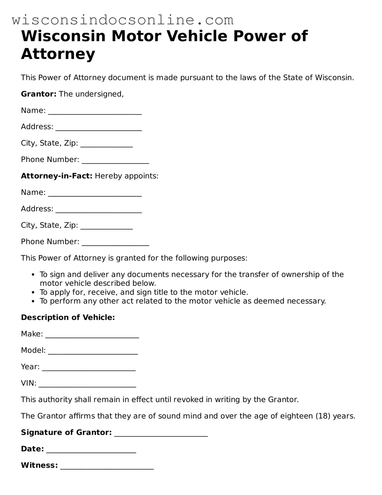 Attorney-Approved Wisconsin Motor Vehicle Power of Attorney Template