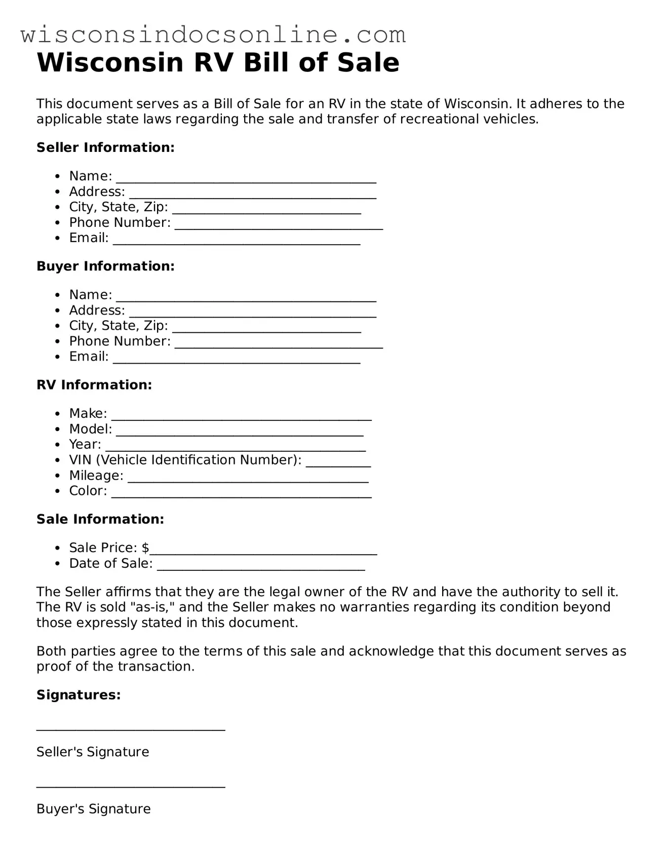 Attorney-Approved Wisconsin RV Bill of Sale Template