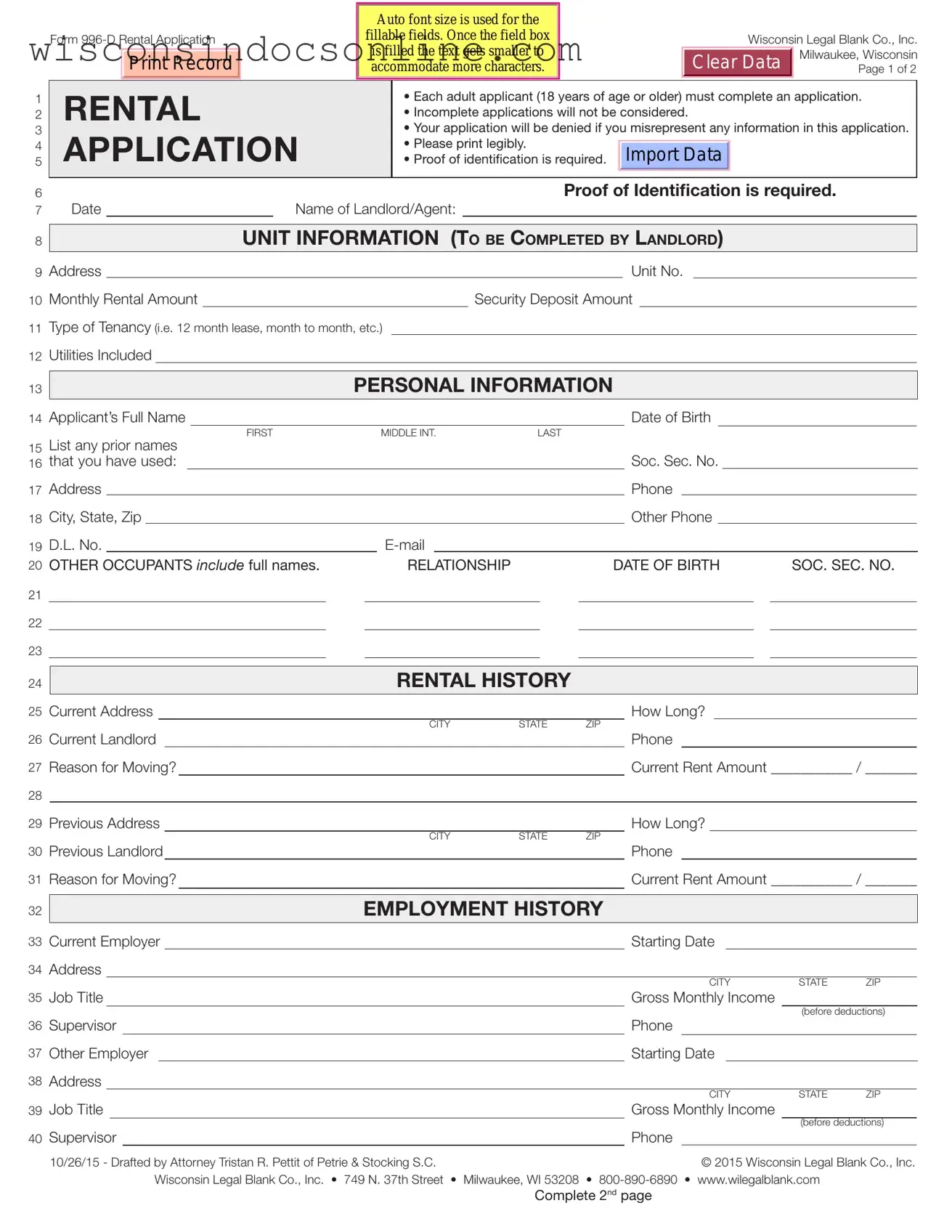 Blank Wisconsin Rental Application Form