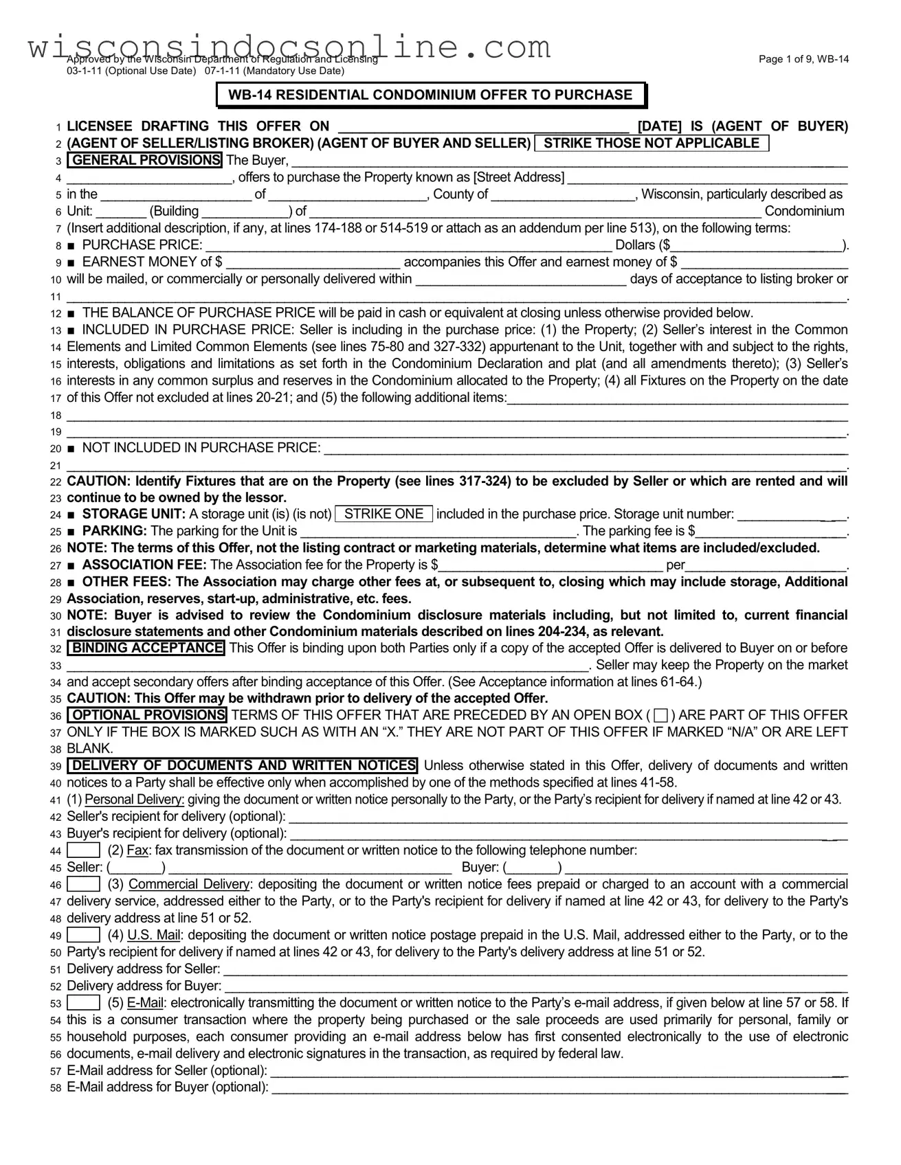 Blank Wisconsin Residential Offer Form
