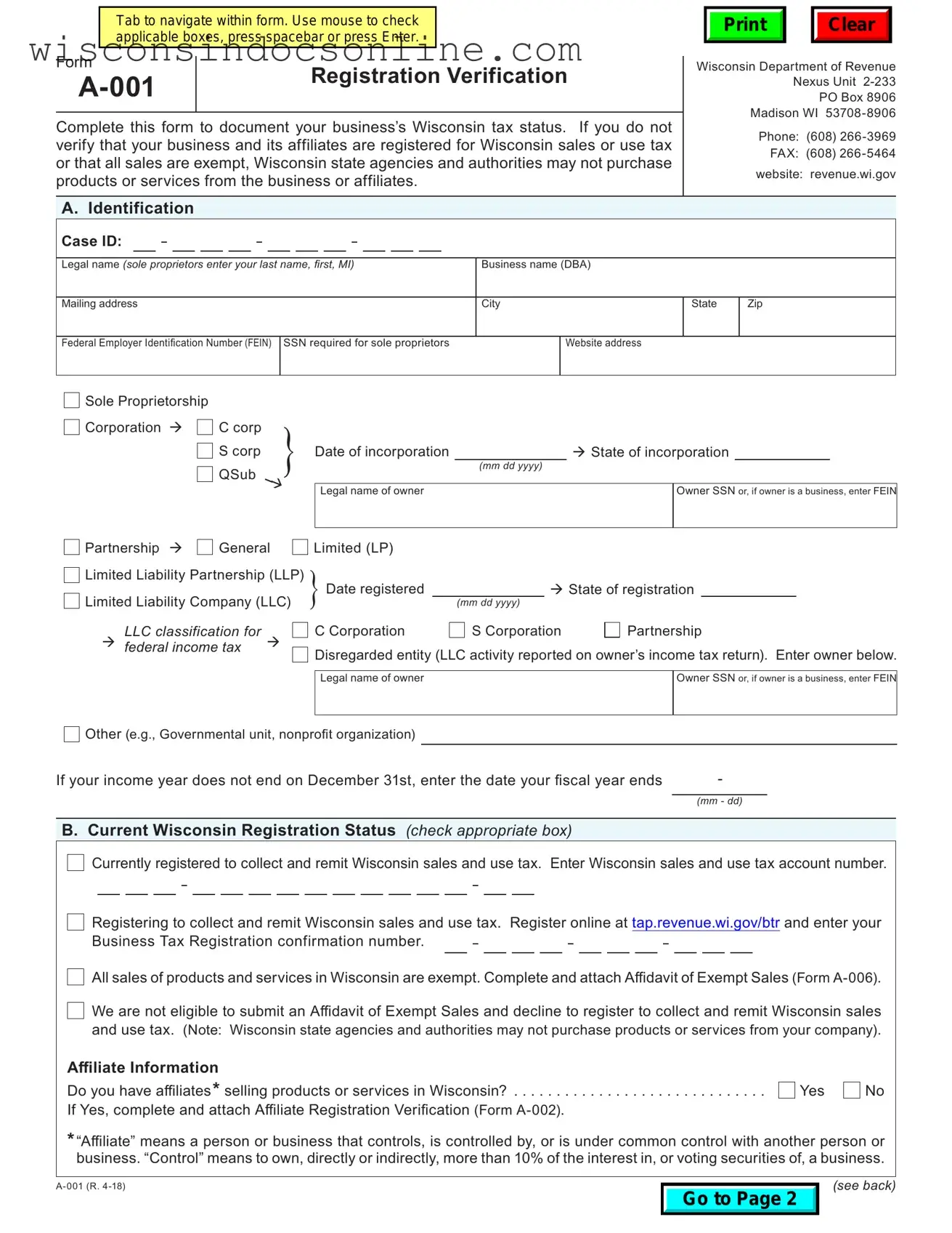 Blank Wisconsin Verification Form