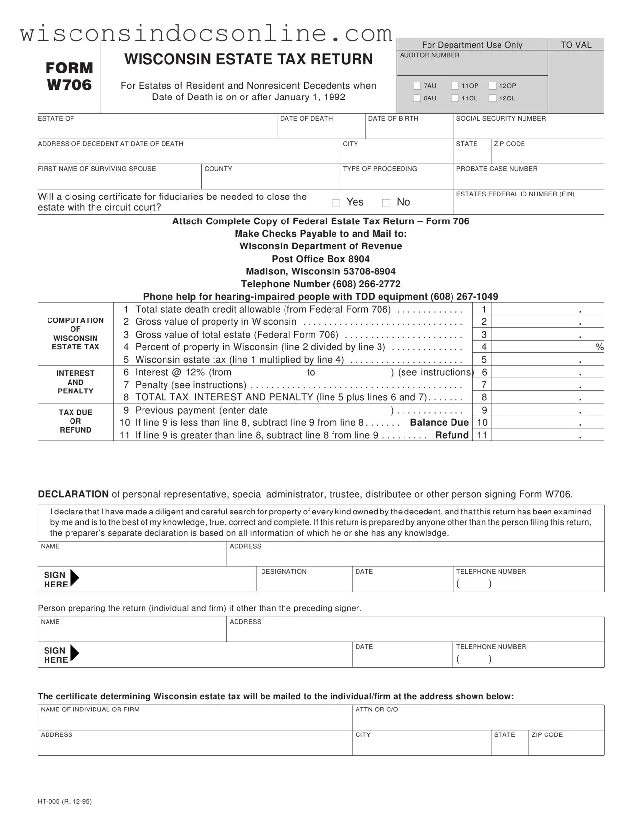 Blank Wisconsin W706 Form