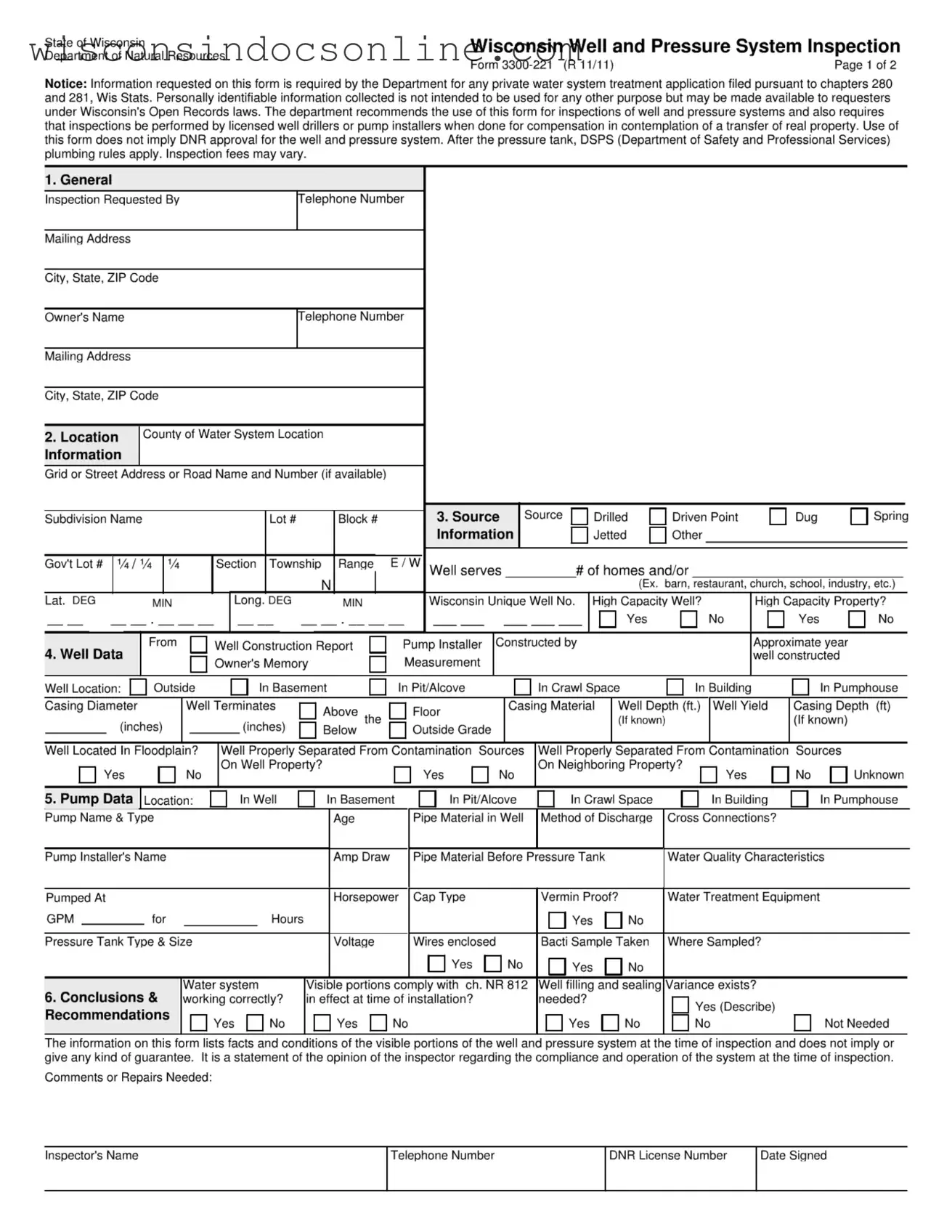 Blank Wisconsin Well Inspection Form