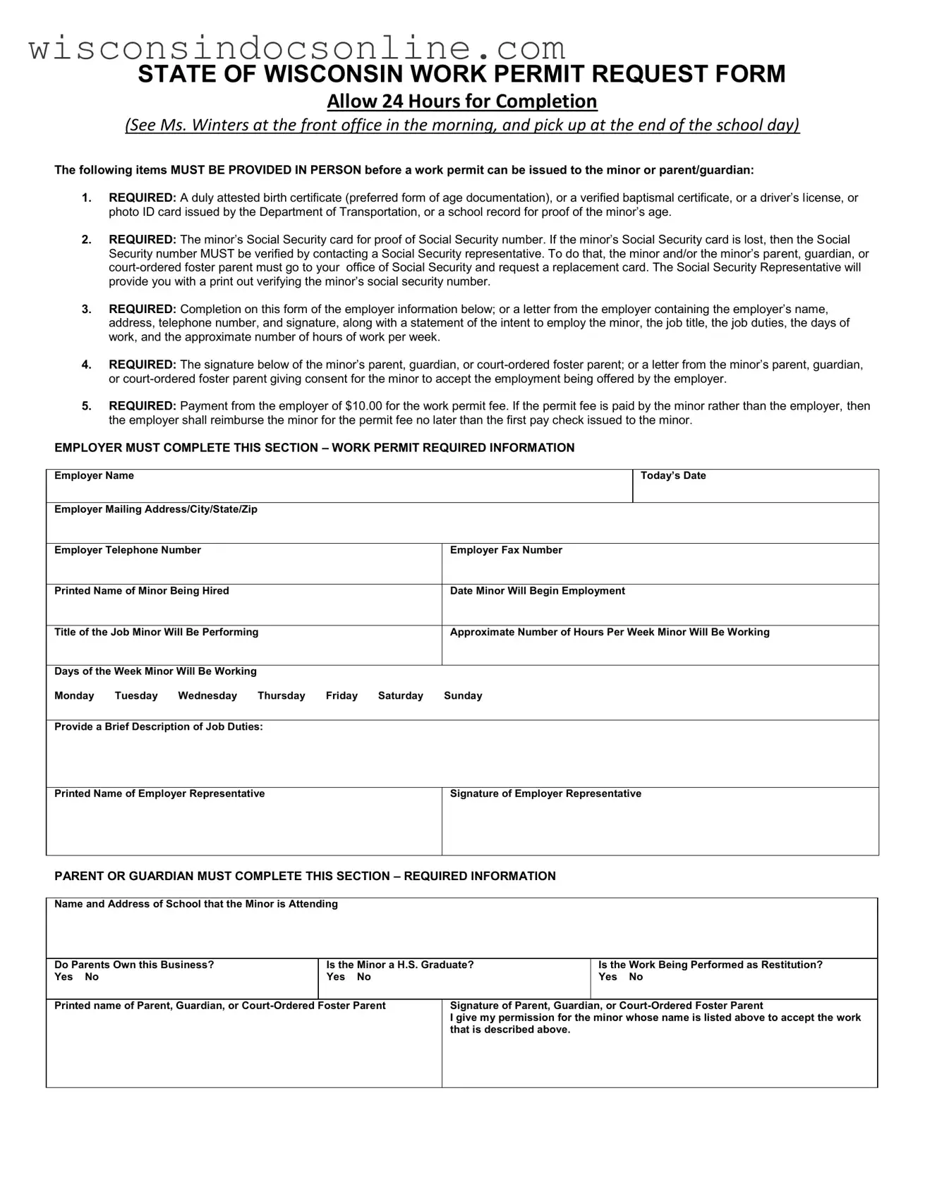 Blank Wisconsin Work Permit Form